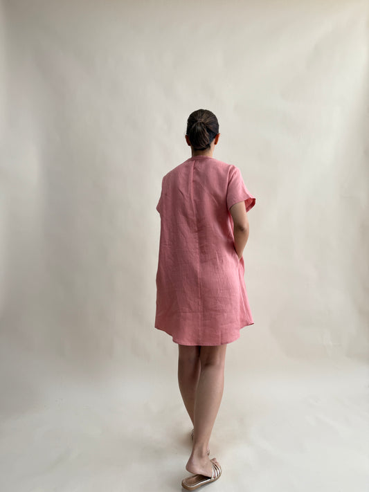 KISA KOLLU CEPLİ KETEN ELBİSE