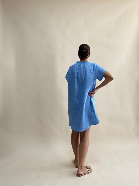 KISA KOLLU CEPLİ KETEN ELBİSE