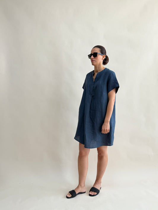 KISA KOLLU CEPLİ KETEN ELBİSE